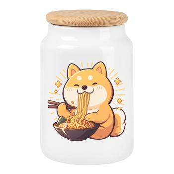 Dog eating Ramen - Cookie Jar with Wooden Lid - white - Front