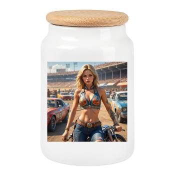 Rennsport Rebellin Denim Outfit - Keksdose mit Holzdeckel - Weiß - Vorne