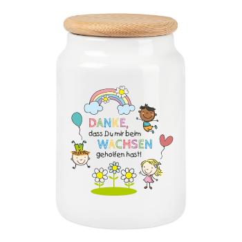 Message de remerciement de la crèche | Enfants - Arc-en-ciel - Fleurs - Boîte à biscuits avec couvercle en bois - blanc - Devant
