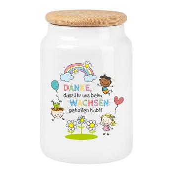 Thank-you message Kita 1 | Children - Rainbow - Flowers - Cookie Jar with Wooden Lid - white - Front