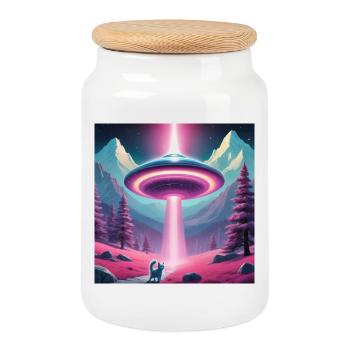 Ufo mit Kätzchen - Keksdose mit Holzdeckel - Weiß - Vorne