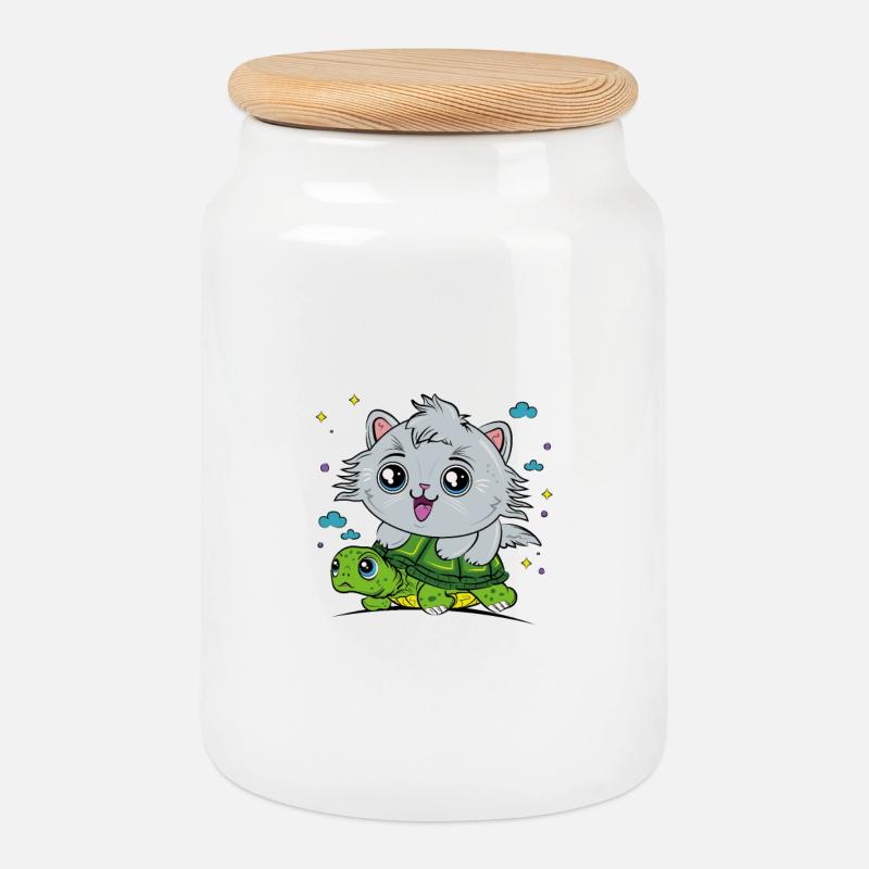 Cat on tortoise - Cookie Jar with Wooden Lid - white