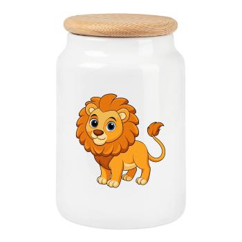 Lion Cute Mascot Cartoon Character Kawaii - Cookie Jar with Wooden Lid - white - Front
