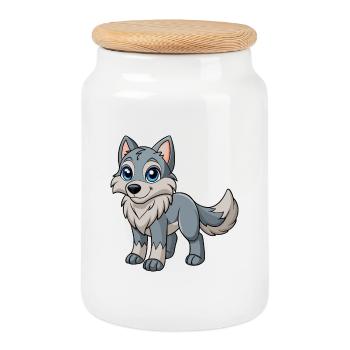 Wolf Cute Mascot Cartoon Character Kawaii - Cookie Jar with Wooden Lid - white - Front