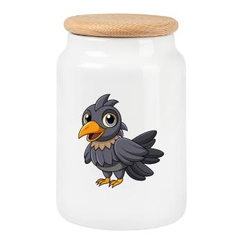 Crow Cute Mascot Cartoon Character Kawaii - Cookie Jar with Wooden Lid - white - Front