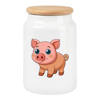 Cochon Mignon Mascotte Personnage De Dessin Animé Kawaii - Boîte à biscuits avec couvercle en bois - blanc - Devant