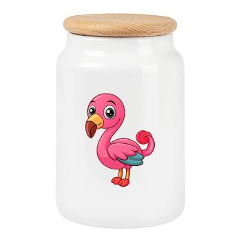 Flamant rose mignon mascotte personnage de dessin animé kawaii - Boîte à biscuits avec couvercle en bois - blanc - Devant