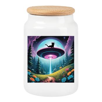 Ufo mit Kätzchen - Keksdose mit Holzdeckel - Weiß - Vorne