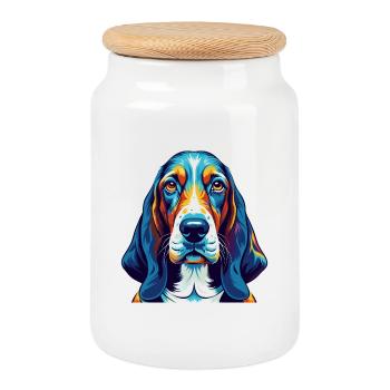 Basset Hound Dog Breed Colorful Cartoon Kawaii - Cookie Jar with Wooden Lid - white - Front