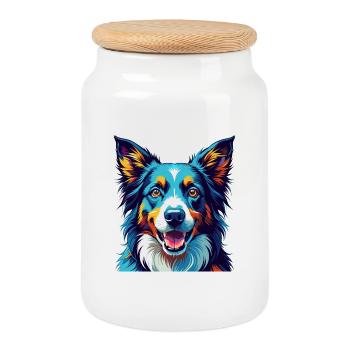 Border Collie Chien Race Coloré Dessin animé Kawaii - Boîte à biscuits avec couvercle en bois - blanc - Devant