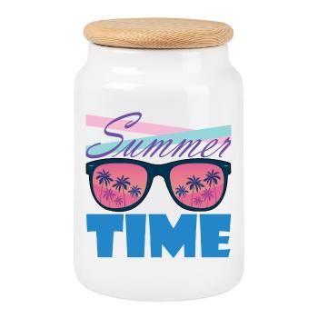Sommerzeit Palmen-Sonnenbrille - Keksdose mit Holzdeckel - Weiß - Vorne