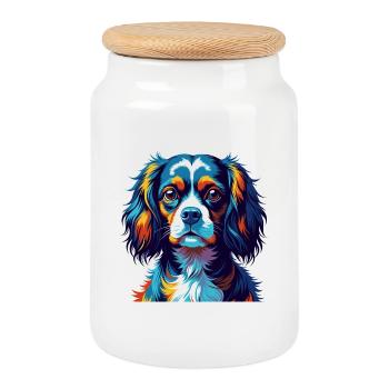 English Toy Spaniel Dog Breed Cartoon Kawaii - Cookie Jar with Wooden Lid - white - Front