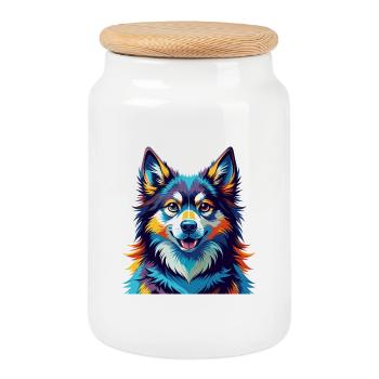 Finnish Lapphund Dog Breed Colorful Cartoon Kawaii - Cookie Jar with Wooden Lid - white - Front