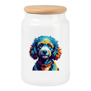 Miniature Poodle Dog Breed Colorful Cartoon Kawaii - Cookie Jar with Wooden Lid - white - Front