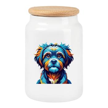 Lowchen Little Lion Dog Breed Cartoon Kawaii - Cookie Jar with Wooden Lid - white - Front