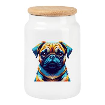 Pug Dog Breed Colorful Watercolor Cartoon Kawaii - Cookie Jar with Wooden Lid - white - Front