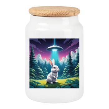 Hase mit UFO - Keksdose mit Holzdeckel - Weiß - Vorne