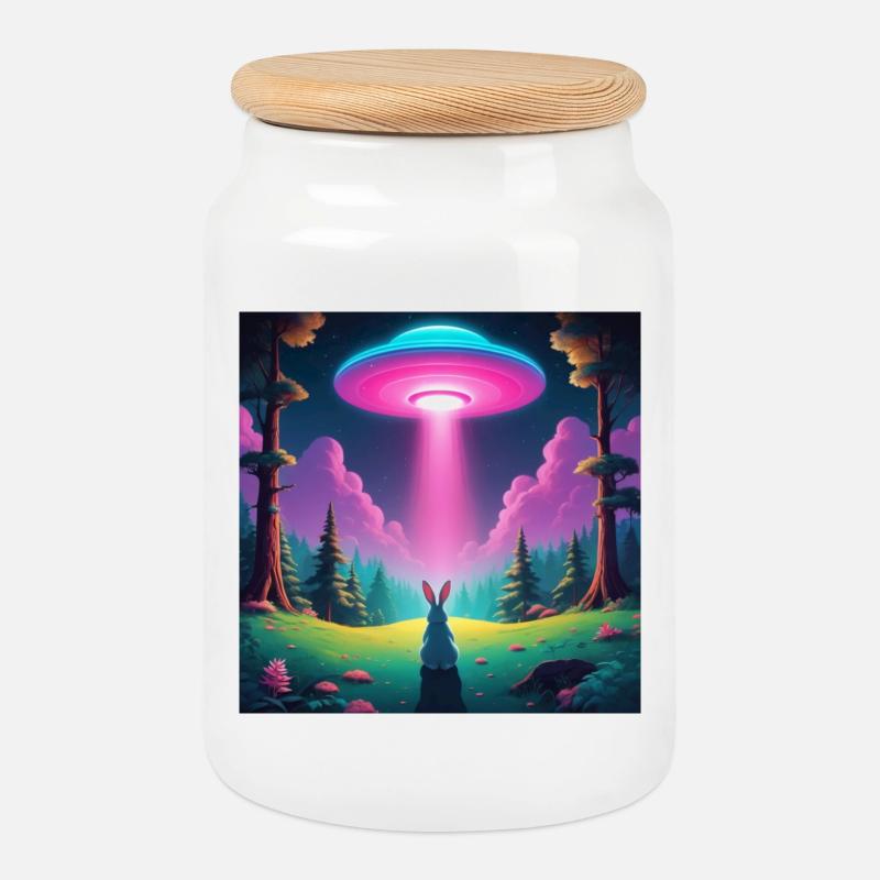 UFO with rabbit - Cookie Jar with Wooden Lid - white