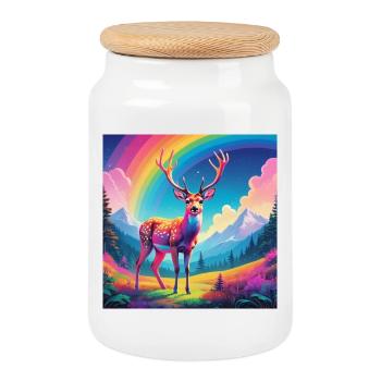 Deer with rainbow - Cookie Jar with Wooden Lid - white - Front