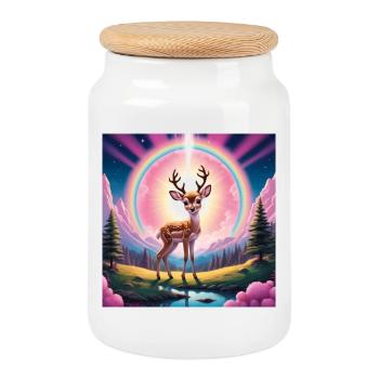 Deer with rainbow - Cookie Jar with Wooden Lid - white - Front