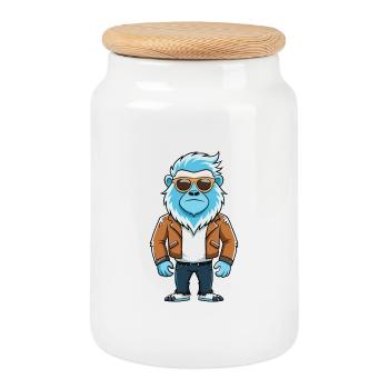 Yeti Lustige Cartoon Kawaii Jacke Sonnenbrille - Keksdose mit Holzdeckel - Weiß - Vorne