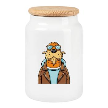 Walross Lustige Cartoon Kawaii Jacke Sonnenbrille - Keksdose mit Holzdeckel - Weiß - Vorne