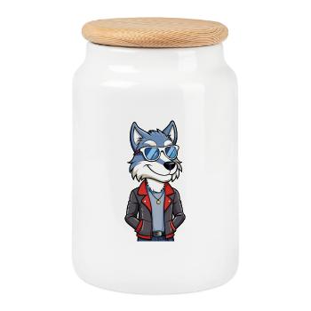Wolf Funny Cartoon Kawaii Jacket Sunglasses - Cookie Jar with Wooden Lid - white - Front