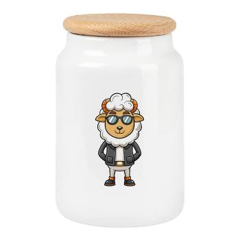 mouton drôle dessin animé kawaii veste lunettes de soleil - Boîte à biscuits avec couvercle en bois - blanc - Devant