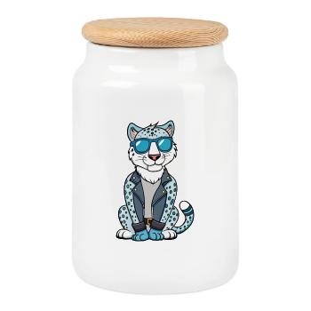 Snow Leopard Funny Cartoon Kawaii Jacket Sunglass - Cookie Jar with Wooden Lid - white - Front