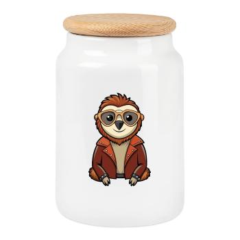 Faultier Lustige Cartoon Kawaii Jacke Sonnenbrille - Keksdose mit Holzdeckel - Weiß - Vorne