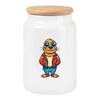 Seal Funny Cartoon Kawaii Jacket Sunglasses - Cookie Jar with Wooden Lid - white - Front