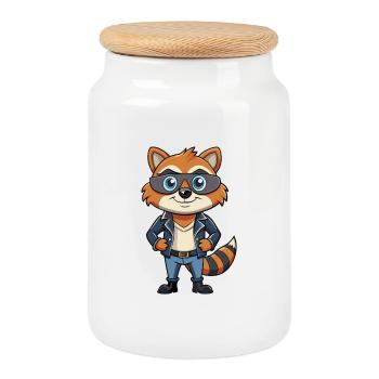 Raccoon Funny Cartoon Kawaii Jacket Sunglasses - Cookie Jar with Wooden Lid - white - Front