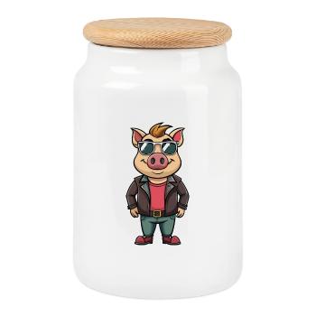 Lunettes de soleil cochon drôle dessin animé kawaii veste - Boîte à biscuits avec couvercle en bois - blanc - Devant