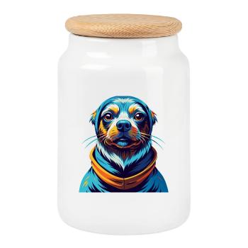 Seskar phoque chien race coloré dessin animé Kawaii - Boîte à biscuits avec couvercle en bois - blanc - Devant