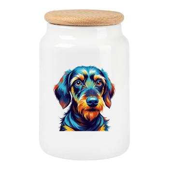 Teckel à poil dur Race Chien Dessin animé Kawaii - Boîte à biscuits avec couvercle en bois - blanc - Devant