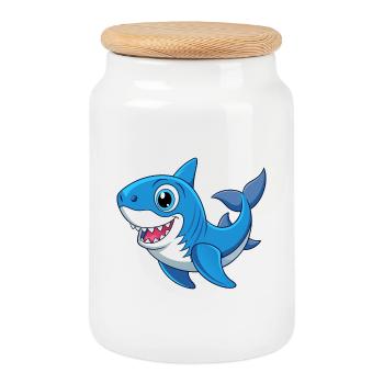 Requin Mignon Mascotte Personnage De Dessin Animé Kawaii - Boîte à biscuits avec couvercle en bois - blanc - Devant
