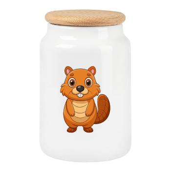 Beaver Cute Mascot Cartoon Character Kawaii - Cookie Jar with Wooden Lid - white - Front