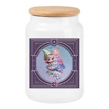 Niedlicher Weihnachtself in zarten violetten Farben - Keksdose mit Holzdeckel - Weiß - Vorne