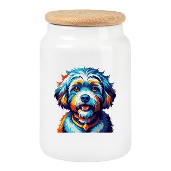 Bichon frisé Race de chien Dessin animé coloré Kawaii - Boîte à biscuits avec couvercle en bois - blanc - Devant