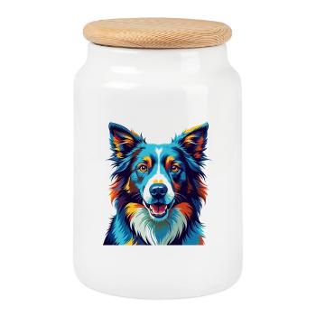 Border Collie Chien Race Coloré Dessin animé Kawaii - Boîte à biscuits avec couvercle en bois - blanc - Devant