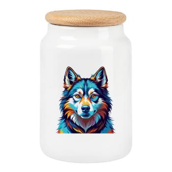 Sibérie orientale Laïka race de chien dessin animé Kawaii - Boîte à biscuits avec couvercle en bois - blanc - Devant