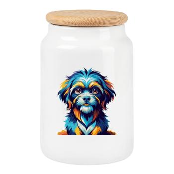 Lowchen Little Lion Dog Breed Cartoon Kawaii - Cookie Jar with Wooden Lid - white - Front