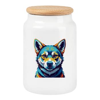 Korean Jindo Dog Breed Colorful Cartoon Kawaii - Cookie Jar with Wooden Lid - white - Front