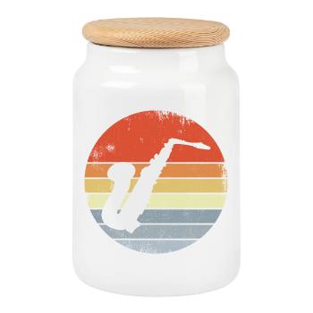 Vintage Saxophone Sketch - Cookie Jar with Wooden Lid - white - Front