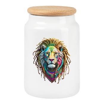 Colorful Afro Lion and Artistic Dreadlocks - Cookie Jar with Wooden Lid - white - Front
