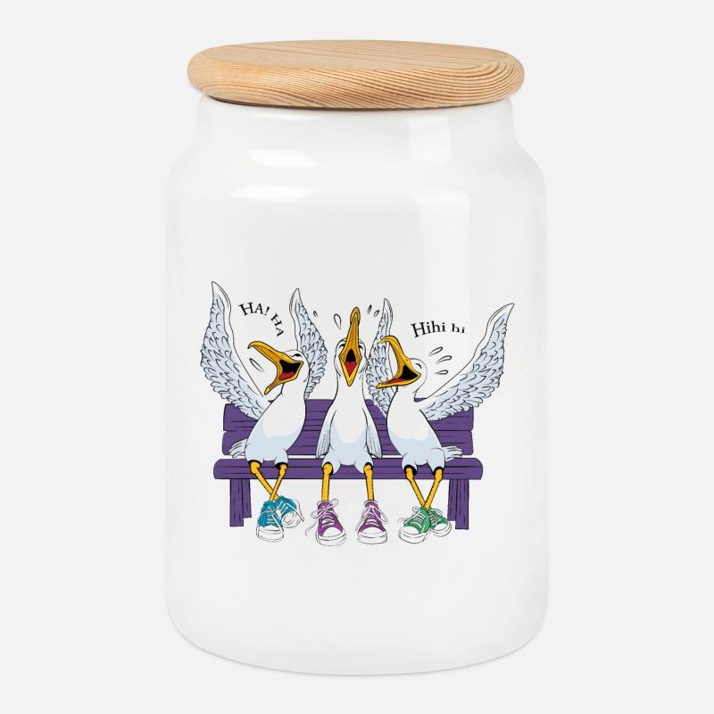 Seagulls on Beach Bench - Cookie Jar with Wooden Lid - white