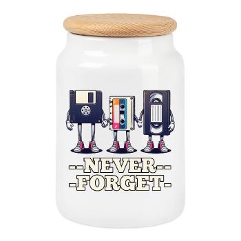 Disquette, cassette, VHS - N’oubliez jamais - Boîte à biscuits avec couvercle en bois - blanc - Devant