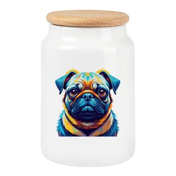 Pug Dog Breed Colorful Watercolor Cartoon Kawaii - Cookie Jar with Wooden Lid - white - Front