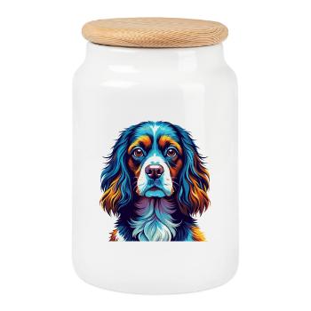 Épagneul russe Chien Race Coloré Dessin animé Kawaii - Boîte à biscuits avec couvercle en bois - blanc - Devant