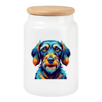 Teckel à poil dur Race Chien Dessin animé Kawaii - Boîte à biscuits avec couvercle en bois - blanc - Devant